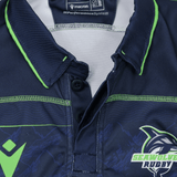Close-up of the Seattle Seawolves MLR 25/26 Replica Home Jersey by Macron in navy with green accents, featuring the team logo and MPerformanceSystem label—ideal for any fan's home jersey collection.