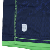 Close-up of the Seattle Seawolves MLR 25/26 Replica Home Jersey by Macron, featuring navy blue and green fabric, visible stitching, and a white "Macron Eco" label near the hem.