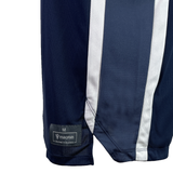 Close-up of the lower part of the USA Rugby 25 Basketball Singlet by Macron in navy blue with white stripes and a visible Macron size M label, inspired by USA Rugby style.