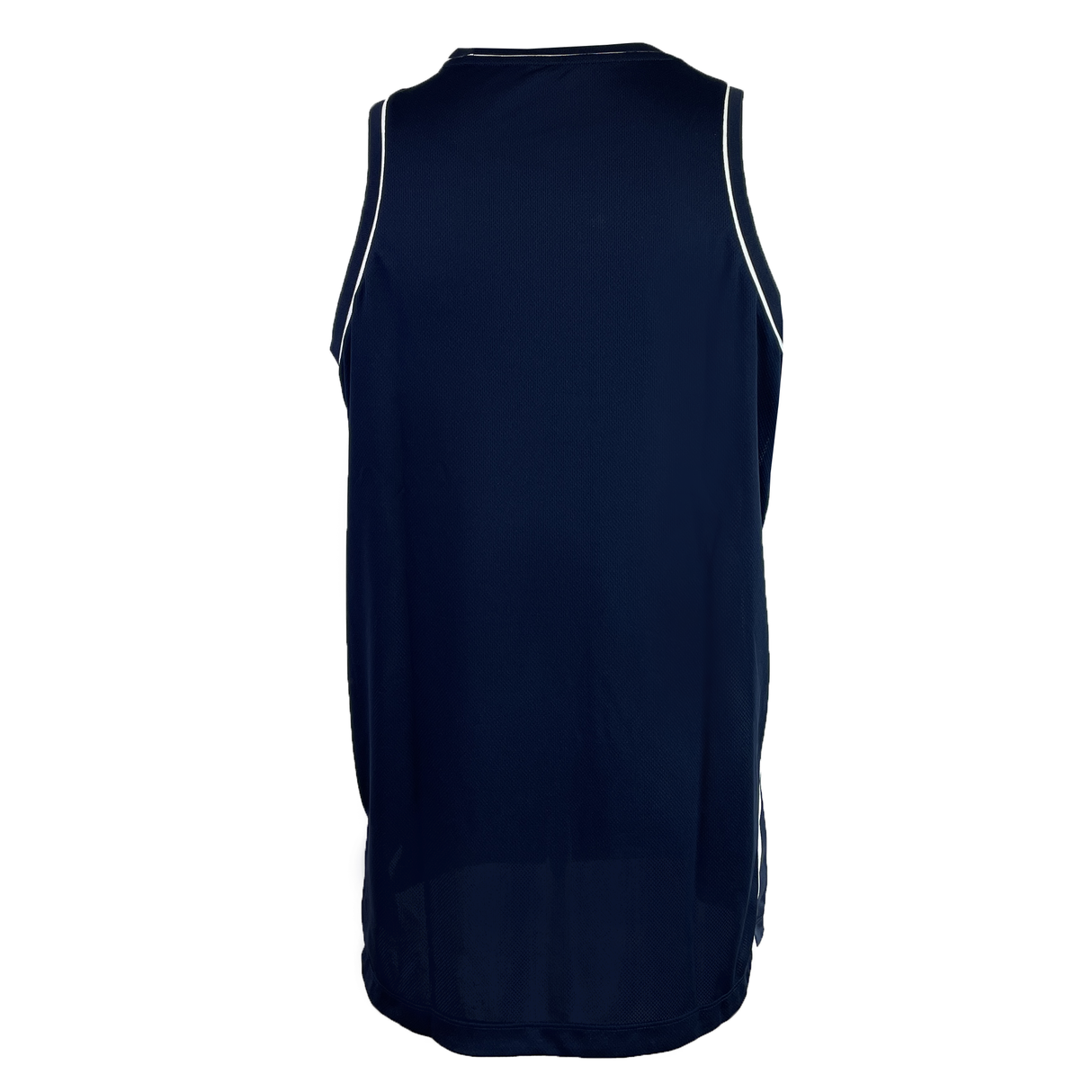 The USA Rugby 25 Basketball Singlet by Macron is a sleeveless navy blue jersey shown from the back, featuring white trim along the armholes and neck.