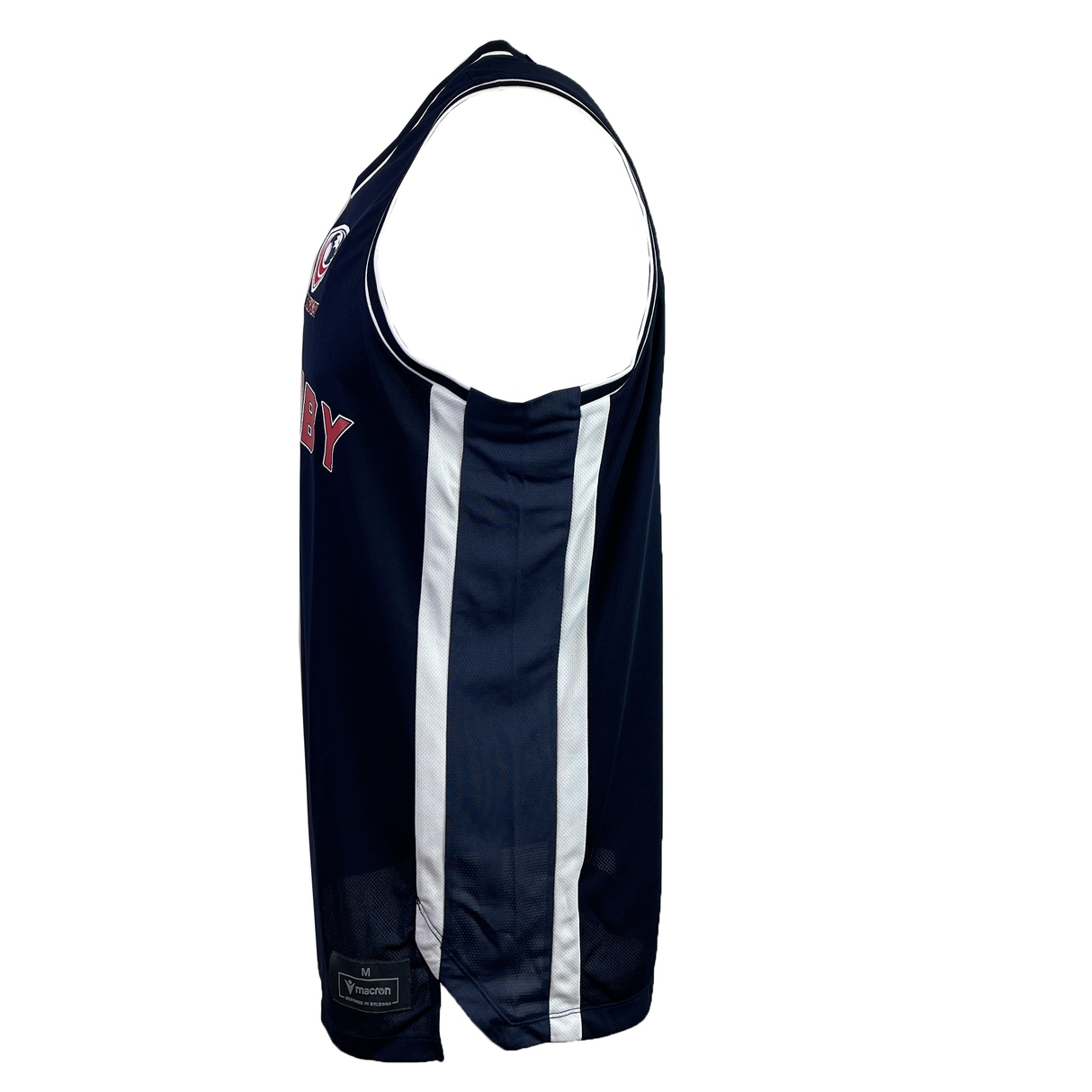 USA Rugby 25 Basketball Singlet by Macron in navy blue, featuring white vertical stripes on the sides, shown from the left side.