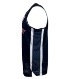 USA Rugby 25 Basketball Singlet by Macron in navy blue, featuring white vertical stripes on the sides, shown from the left side.