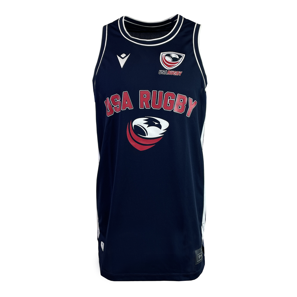 The USA Rugby 25 Basketball Singlet by Macron is a navy blue tank with white trim, featuring the USA Rugby logo and bold red "USA RUGBY" text—ideal as a basketball singlet or casual Macron jersey.