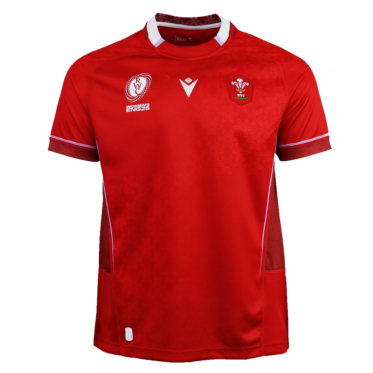 Show your support for Welsh rugby with the Wales WRWC25 Replica Home Jersey by Macron—a red short-sleeve jersey featuring white trim, chest logo patches, and a stylish pattern, perfect for fans ahead of the Women’s Rugby World Cup 2025.