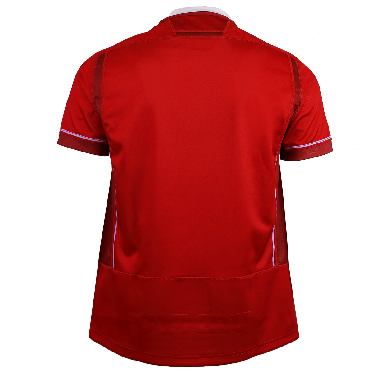 The Wales WRWC25 Replica Home Jersey by Macron is a red short-sleeve athletic shirt, shown from the back, with subtle panel details and reflective piping—ideal for Welsh rugby fans.