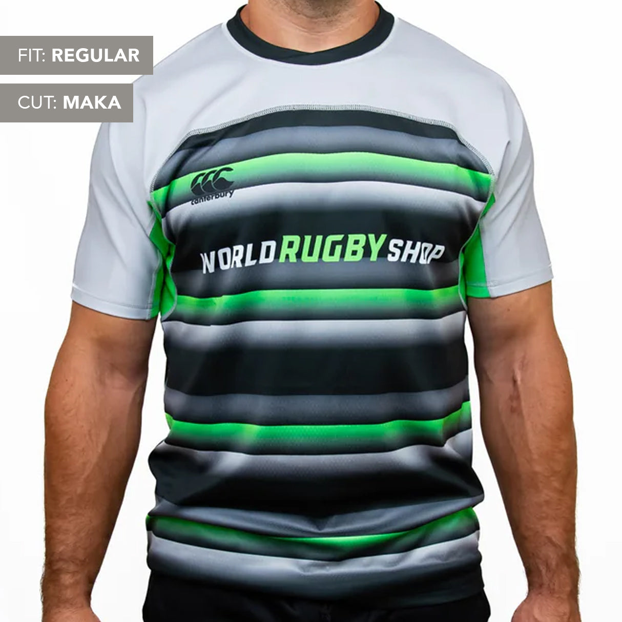 A person wearing the Teamatical Canterbury Elite Full Custom Sublimated Jersey - Mens, a regular-fit, short-sleeved rugby shirt with green, black, and gray stripes in the Maka cut.
