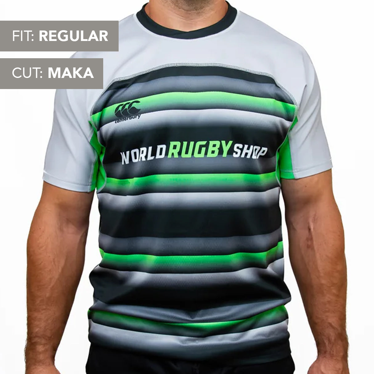 A person wears a Teamatical Canterbury Elite Full Custom Sublimated Jersey - Mens, featuring short sleeves and horizontal stripes in black, gray, white, and green; regular fit with Maka cut.