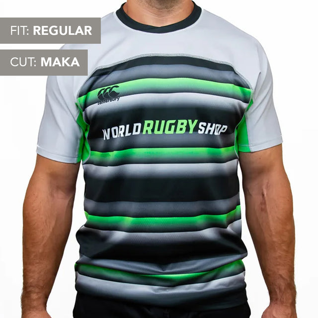 A person wears a Teamatical Canterbury Elite Full Custom Sublimated Jersey - Mens, featuring short sleeves and horizontal stripes in black, gray, white, and green; regular fit with Maka cut.