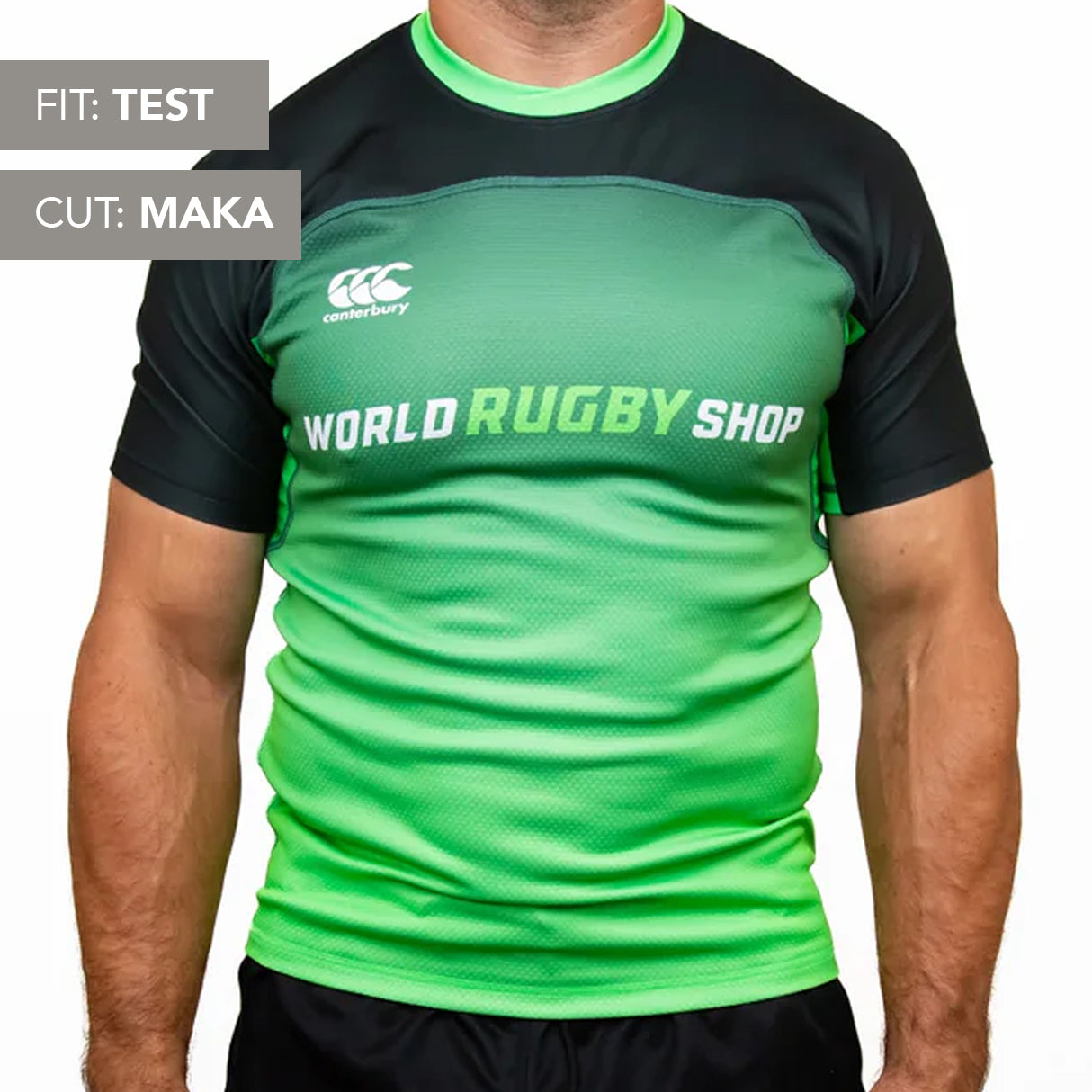 A man wears a green and black Teamatical Canterbury Elite Full Custom Sublimated Jersey - Mens featuring "FIT: TEST" and "CUT: MAKA" labels in the upper left corner.