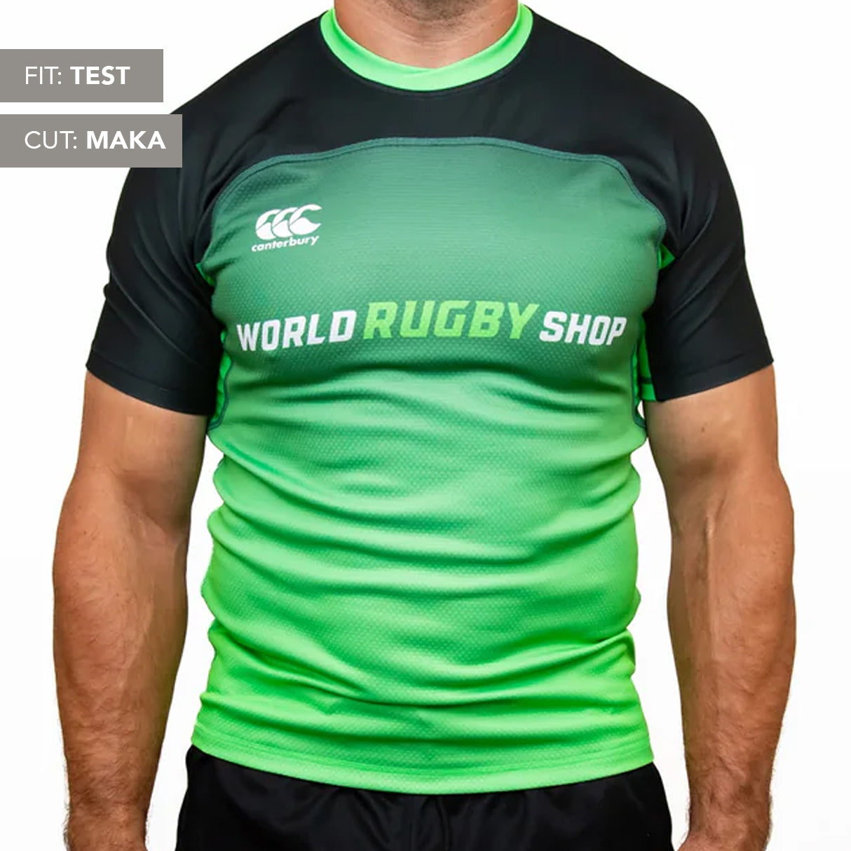 A person wears a green and black Teamatical Canterbury Elite Full Custom Sublimated Jersey - Mens, featuring "WORLD RUGBY SHOP" on the front, with labels "FIT: TEST" and "CUT: MAKA".