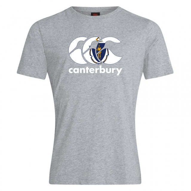The WRS Canterbury Massachusetts CCC Flag Club T-shirt is a heather grey cotton-blend tee with the logo and text plus a penguin graphic on the chest—ideal for displaying your rugby pride.