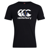The Canterbury Massachusetts CCC Flag Club T-shirt by WRS Canterbury features the brand's white triple C logo and a small blue and gold emblem, all on soft cotton blend—perfect for showing your rugby pride.