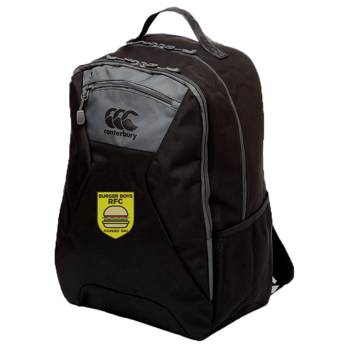 Black Burger Boys RFC Medium backpack by EMB Canterbury with the logo and a "Burger Boys RFC" badge, featuring mesh side pockets, multiple zippers, and padded laptop pocket.