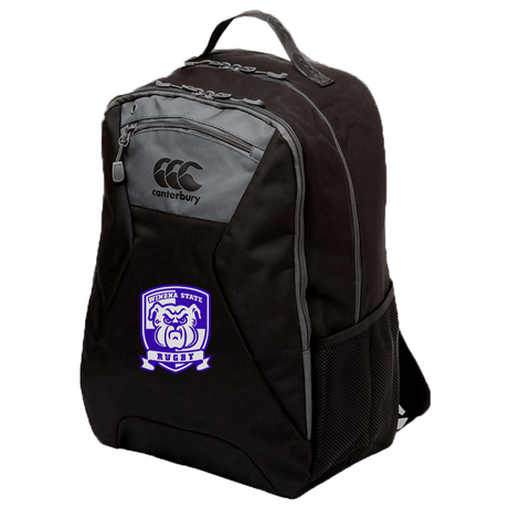 Description: The Winona State University Medium Backpack by Canterbury, equipped with Vaposhield technology, boasts a black durable Polyester 600D PVC coating. It features a zippered front pocket, side mesh pocket, and a purple and white emblem with a bear and "XIMENA STATE RUGBY" text.
