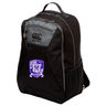 Description: The Winona State University Medium Backpack by Canterbury, equipped with Vaposhield technology, boasts a black durable Polyester 600D PVC coating. It features a zippered front pocket, side mesh pocket, and a purple and white emblem with a bear and "XIMENA STATE RUGBY" text.
