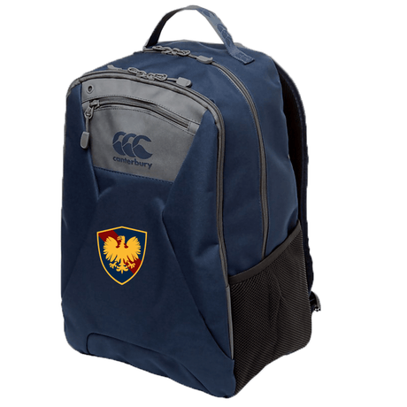 Cincinnati Classical Academy Medium Backpack by EMB Canterbury with a red and yellow emblem on the bottom front pocket, multiple zippers, a padded laptop pocket, and a black mesh side pocket.