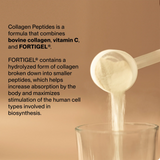 A scoop of Momentous COLLAGEN PEPTIDES powder is poured from a plastic scoop into a clear glass, with product info in the background highlighting 30 servings per tub.