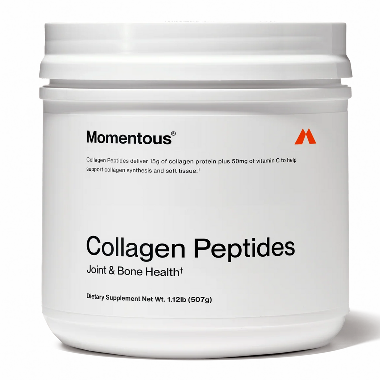 A white tub of Momentous COLLAGEN PEPTIDES dietary supplement, labeled for joint and bone health, contains 30 servings (1.12 lb / 507 g).