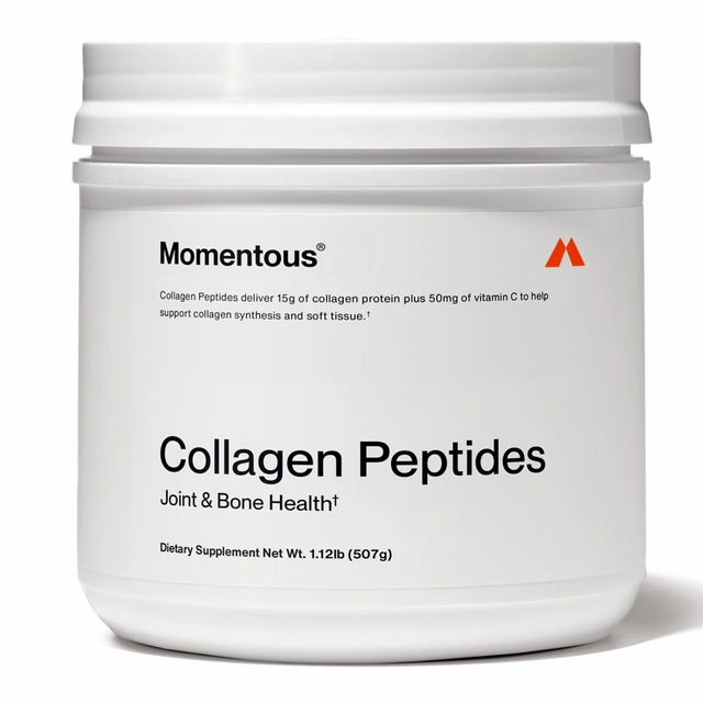 A white tub of Momentous COLLAGEN PEPTIDES dietary supplement, labeled for joint and bone health, contains 30 servings (1.12 lb / 507 g).