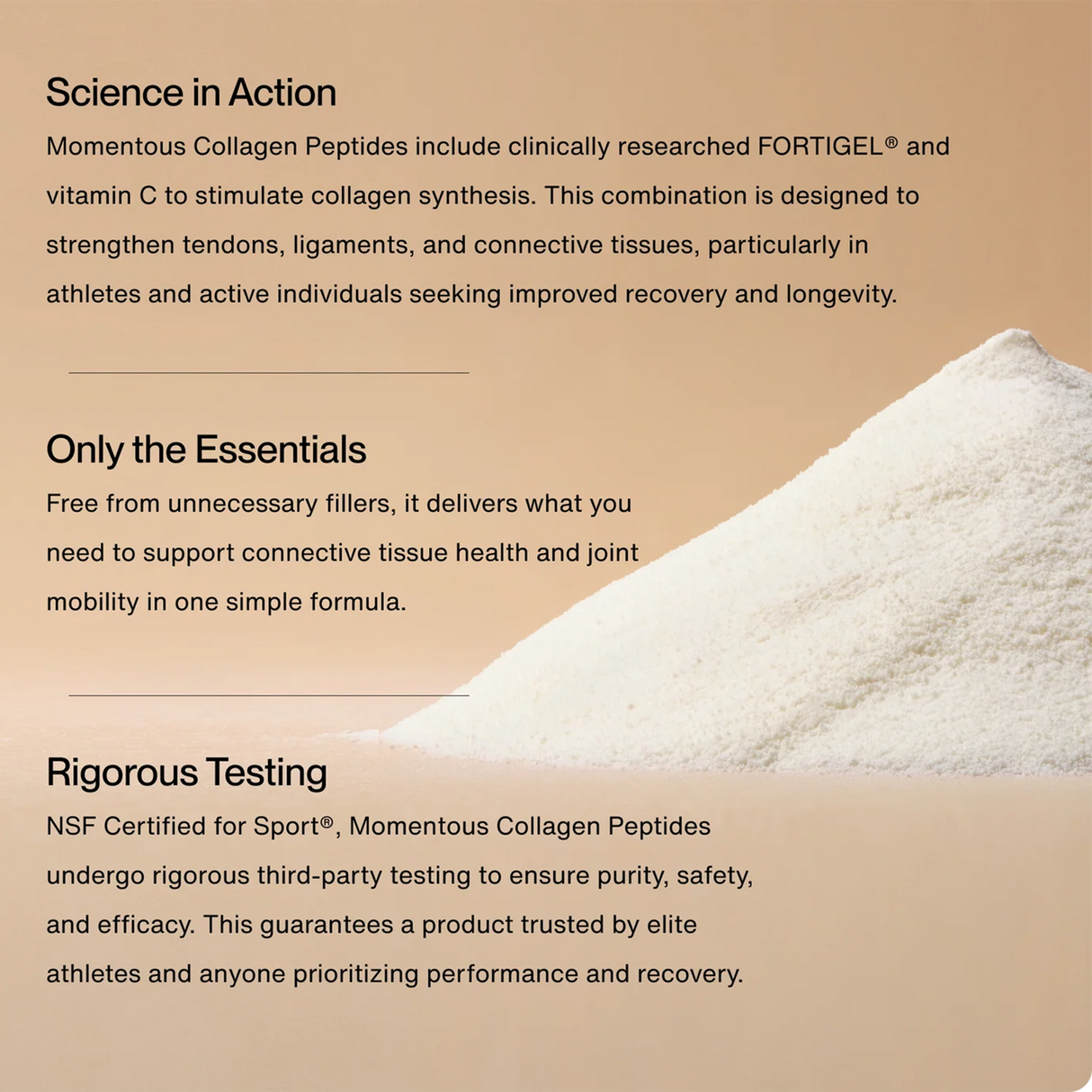 Momentous COLLAGEN PEPTIDES—30 servings per tub—shown on a beige background, with text noting its benefits, clean ingredients, and rigorous NSF Certified for Sport® testing.