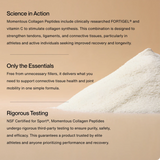 Momentous COLLAGEN PEPTIDES—30 servings per tub—shown on a beige background, with text noting its benefits, clean ingredients, and rigorous NSF Certified for Sport® testing.