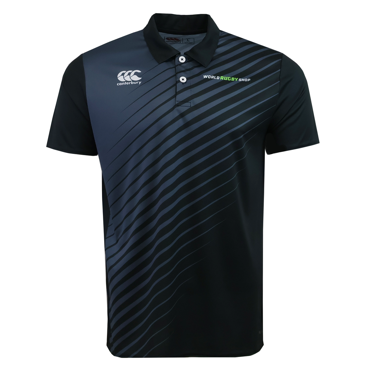 The Teamatical Canterbury Eco-Sublimate SS Performance Polo for men is a black, short-sleeved top with diagonal gray stripes, moisture-wicking fabric, "World Rugby Shop" text, and the Canterbury logo on the chest.