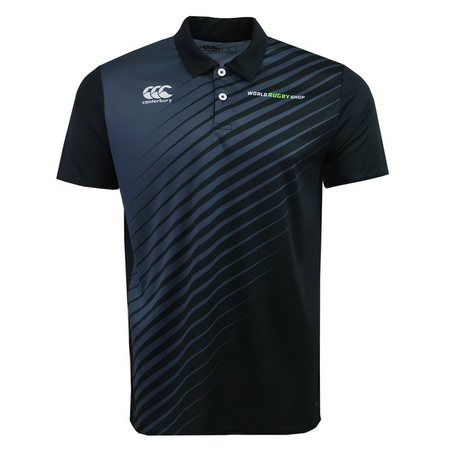 The Teamatical Canterbury Eco-Sublimate SS Performance Polo for men is a black, short-sleeved top with diagonal gray stripes, moisture-wicking fabric, "World Rugby Shop" text, and the Canterbury logo on the chest.