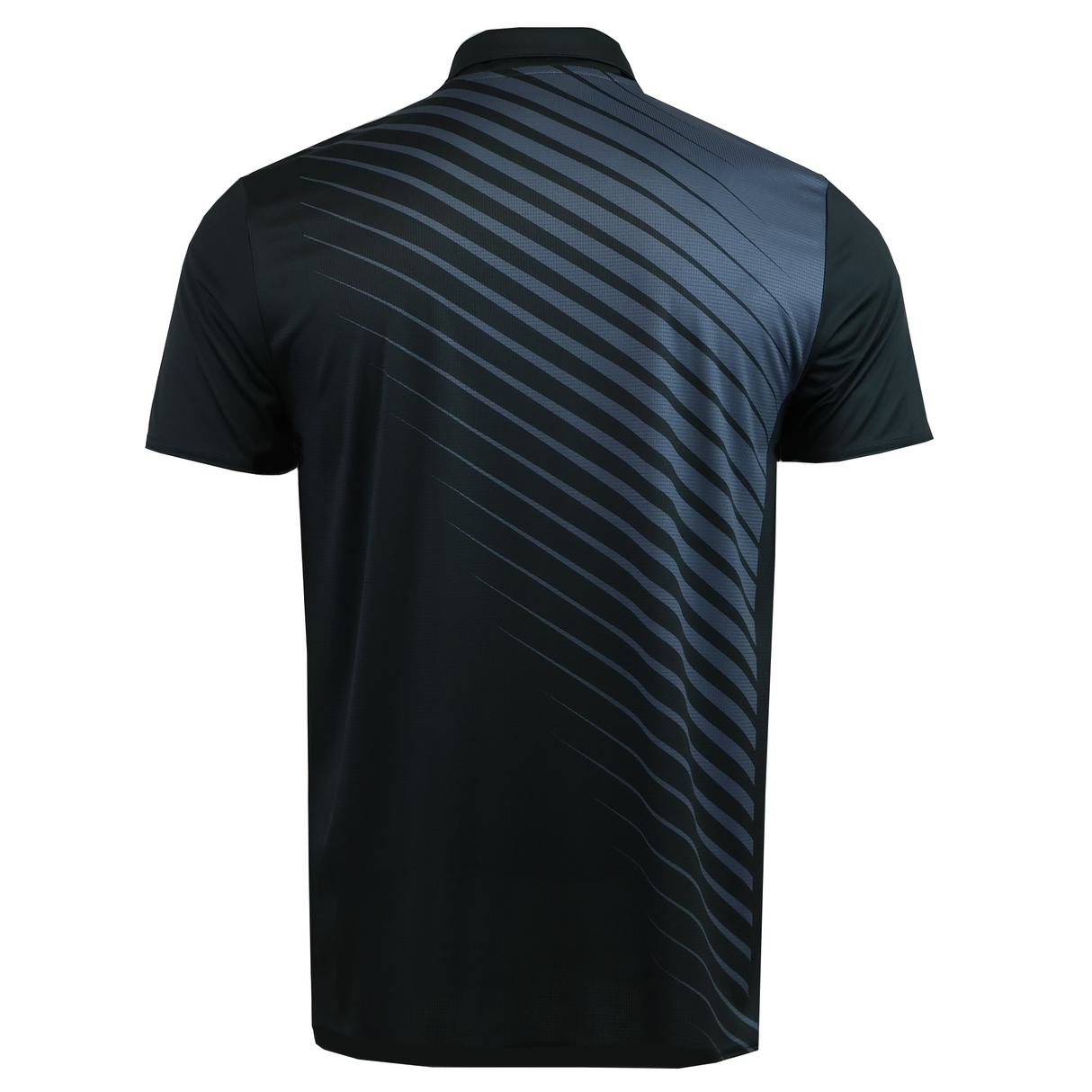 The CANTERBURY ECO-SUBLIMATE SS PERFORMANCE POLO by Teamatical is a black men’s short-sleeve polo with a dark gray diagonal stripe on the back, shown from behind. Made with breathable, moisture-wicking fabric for all-day comfort.