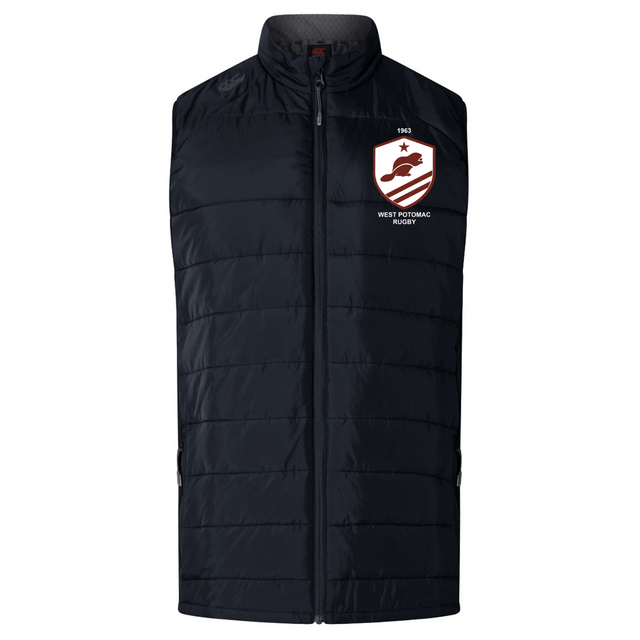 The EMB Canterbury West Potomac RFC Elite Microlite Gilet is a black quilted insulated vest with a full zipper and the West Potomac Rugby logo on the left chest.