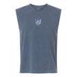 Minneapolis Mayhem Rugby Unisex Heavyweight Cotton Garment-Dyed Mid-Length Muscle Tee by EMB S&S Activewear in a sleeveless gray-blue design, featuring a small white emblem and text at the center of the chest, displayed on a white background.