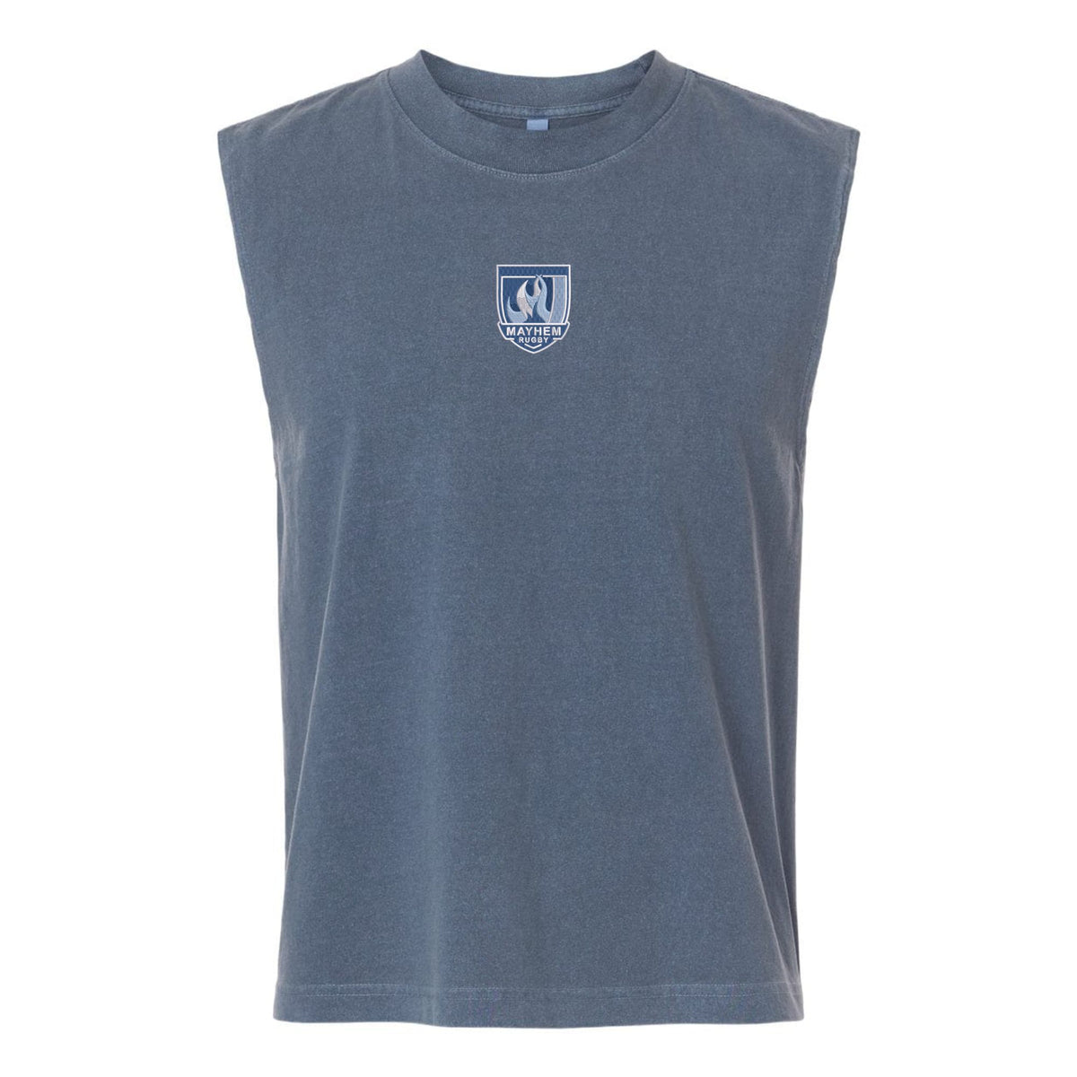 Minneapolis Mayhem Rugby Unisex Heavyweight Cotton Garment-Dyed Mid-Length Muscle Tee by EMB S&S Activewear in a sleeveless gray-blue design, featuring a small white emblem and text at the center of the chest, displayed on a white background.