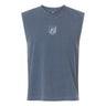 Minneapolis Mayhem Rugby Unisex Heavyweight Cotton Garment-Dyed Mid-Length Muscle Tee by EMB S&S Activewear in a sleeveless gray-blue design, featuring a small white emblem and text at the center of the chest, displayed on a white background.