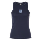 The Minneapolis Mayhem Rugby Women’s Baby Rib Tank by EMB S&S Activewear features a navy blue, sleeveless design with a round neck and a small white crest logo on the chest, crafted in a classic baby rib style for women to ensure a comfortable and flattering fit.