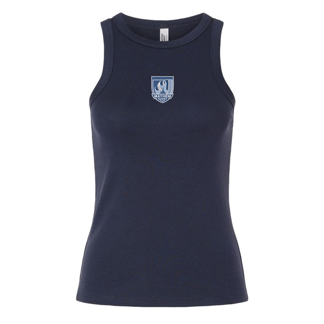 The Minneapolis Mayhem Rugby Women’s Baby Rib Tank by EMB S&S Activewear features a navy blue, sleeveless design with a round neck and a small white crest logo on the chest, crafted in a classic baby rib style for women to ensure a comfortable and flattering fit.