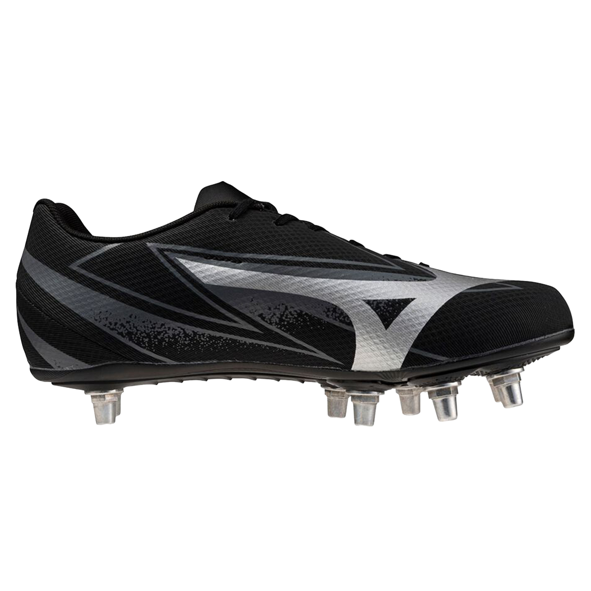 The Mizuno Waitangi Pro SG Wide rugby boots from Mizuno in Black/Galaxy Silver feature metal studs on the sole. Side view photographed against a plain white background.