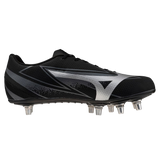 The Mizuno Waitangi Pro SG Wide rugby boots from Mizuno in Black/Galaxy Silver feature metal studs on the sole. Side view photographed against a plain white background.