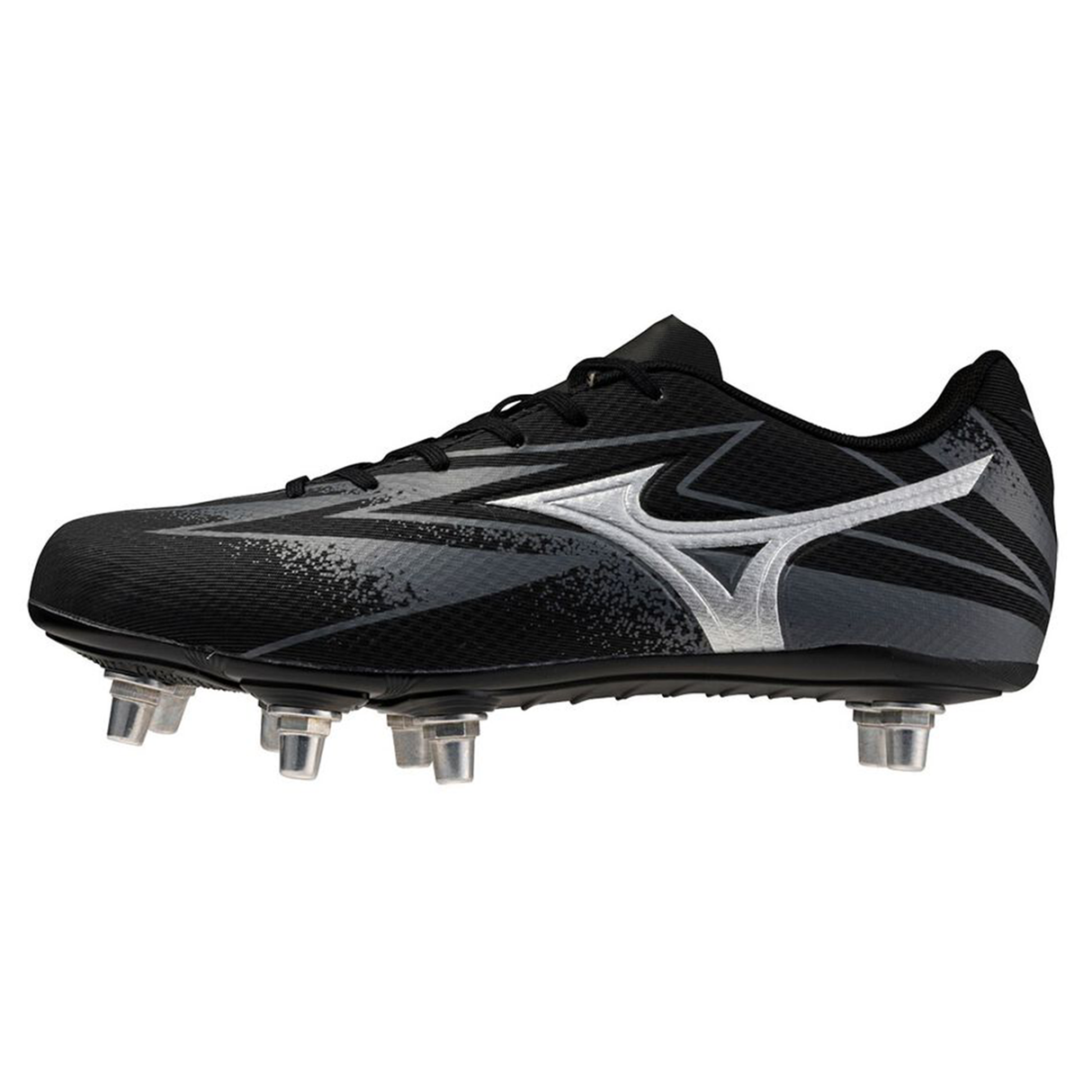 The Mizuno Waitangi Pro SG Wide rugby boot in Black/Galaxy Silver features metal studs and a wide fit, shown side-on against a white background. Ideal for players wanting comfortable soft ground boots from Mizuno.