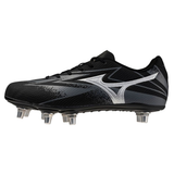 The Mizuno Waitangi Pro SG Wide rugby boot in Black/Galaxy Silver features metal studs and a wide fit, shown side-on against a white background. Ideal for players wanting comfortable soft ground boots from Mizuno.