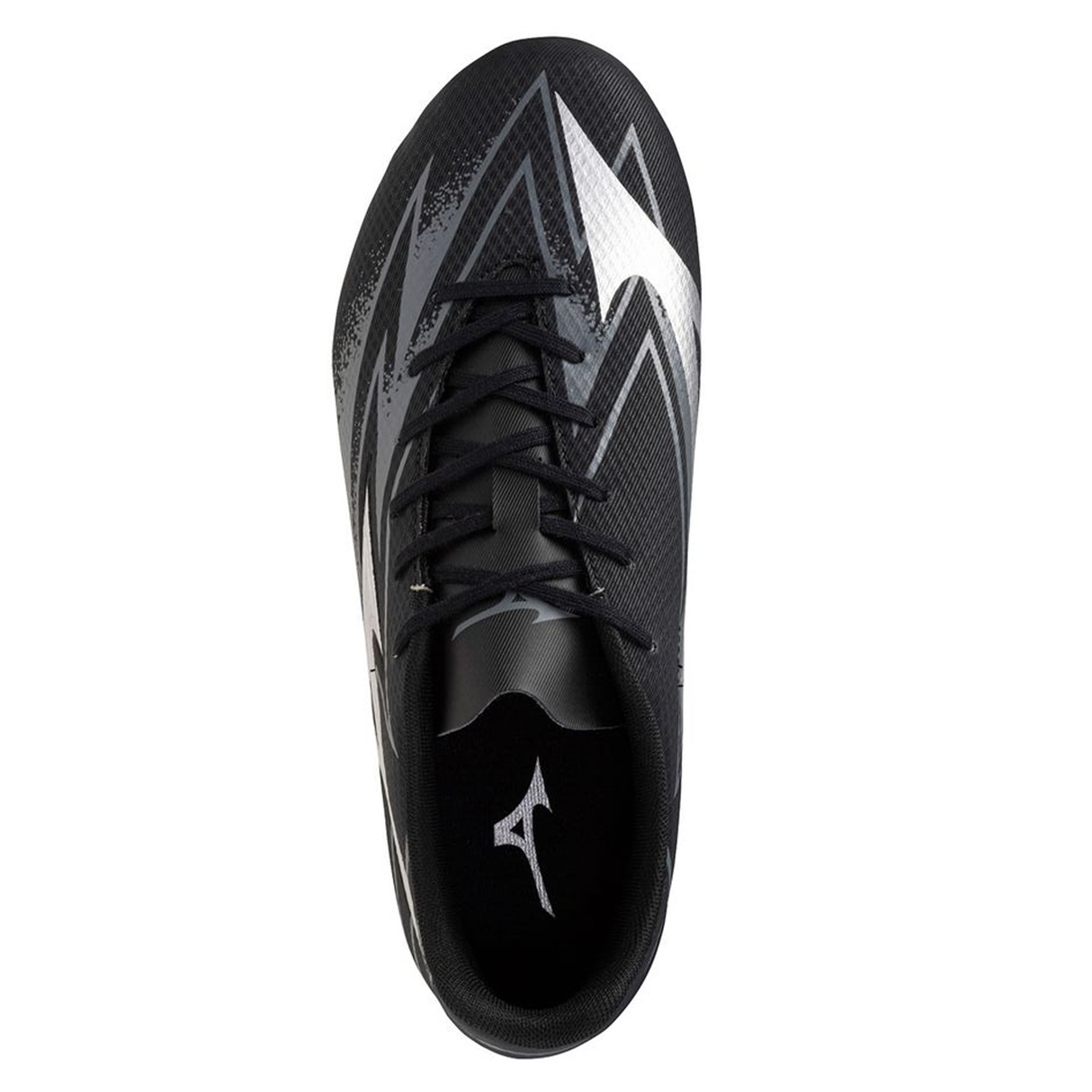 Top view of the Mizuno Waitangi Pro SG Wide rugby boot in black and galaxy silver, featuring white and silver zigzag patterns, black laces, and a wide fit—ideal for players seeking comfortable soft ground boots.