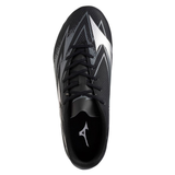 Top view of the Mizuno Waitangi Pro SG Wide rugby boot in black and galaxy silver, featuring white and silver zigzag patterns, black laces, and a wide fit—ideal for players seeking comfortable soft ground boots.