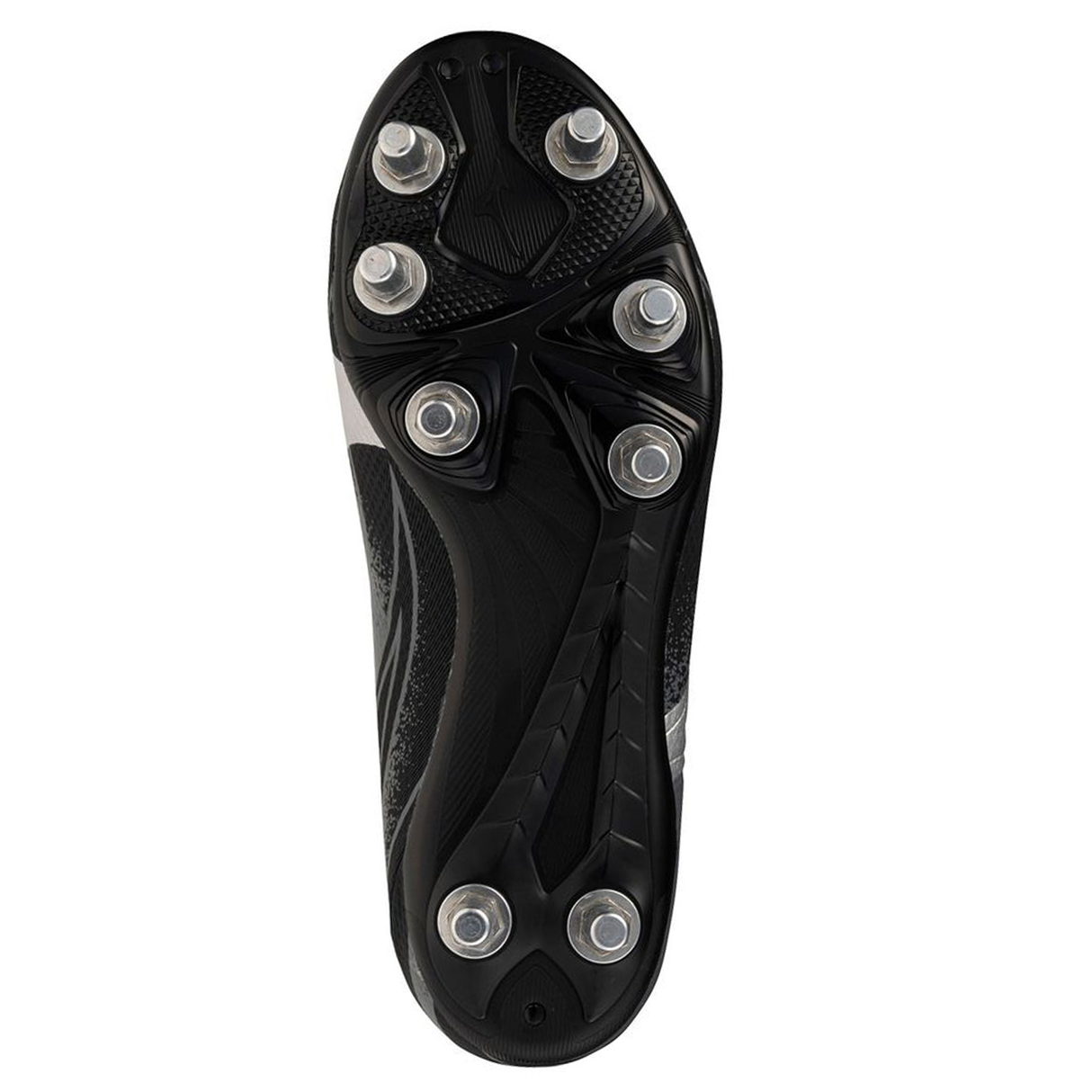 The Mizuno Waitangi Pro SG Wide in Black/Galaxy Silver features a black outsole with six metal studs for superior grip on soft ground. This wide-fit rugby boot from Mizuno is built for performance in tough conditions.