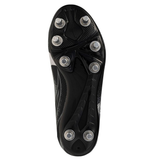 The Mizuno Waitangi Pro SG Wide in Black/Galaxy Silver features a black outsole with six metal studs for superior grip on soft ground. This wide-fit rugby boot from Mizuno is built for performance in tough conditions.