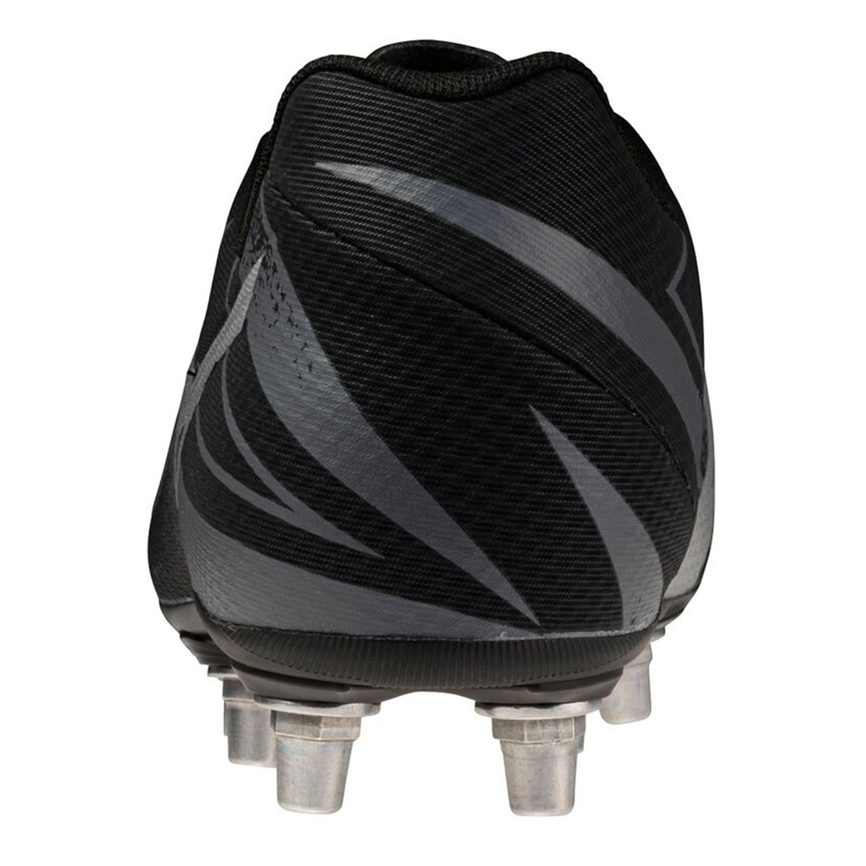 A rear view of the Mizuno Waitangi Pro SG Wide rugby boot in Black/Galaxy Silver, featuring metal studs for soft ground play by Mizuno, photographed against a white background.