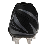 A rear view of the Mizuno Waitangi Pro SG Wide rugby boot in Black/Galaxy Silver, featuring metal studs for soft ground play by Mizuno, photographed against a white background.
