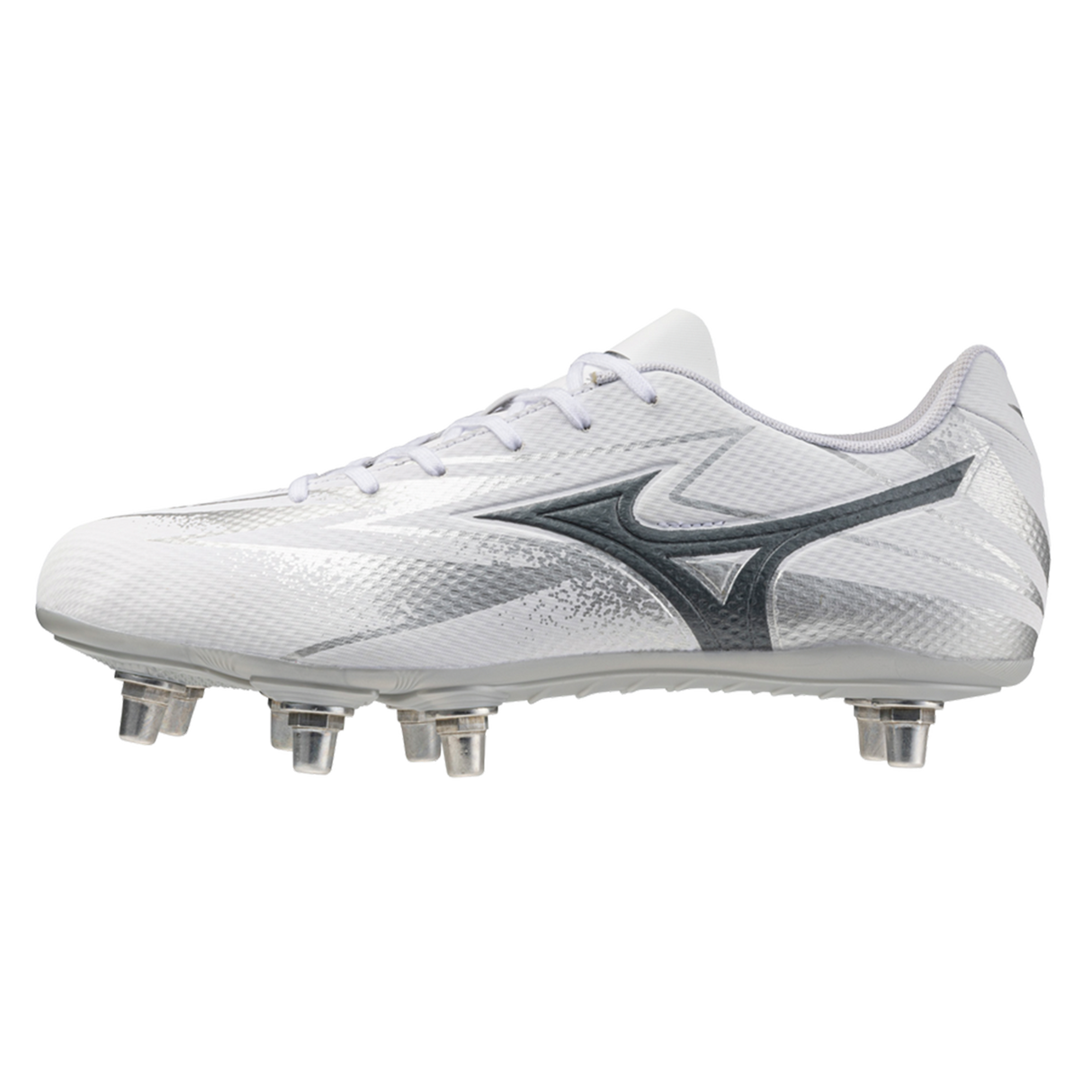 The Mizuno Waitangi Pro SG Wide Fit rugby boot by Mizuno features a white and metallic gray design with metal studs and a dark gray logo, ideal for wider feet. Shown on a plain white background.