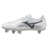 The Mizuno Waitangi Pro SG Wide Fit rugby boot by Mizuno features a white and metallic gray design with metal studs and a dark gray logo, ideal for wider feet. Shown on a plain white background.