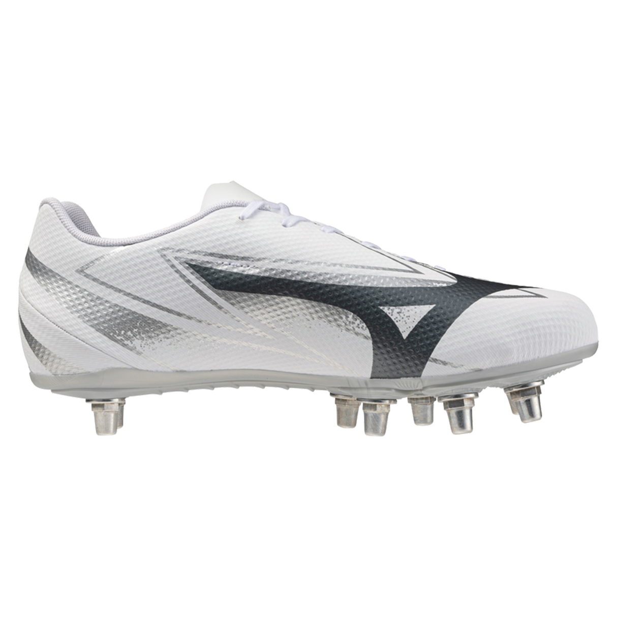The Mizuno Waitangi Pro SG Wide Fit rugby boot in White/Metallic Gray features a black Mizuno logo, metal studs, and a textured upper for soft ground performance—shown from the side against a white background.