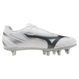 The Mizuno Waitangi Pro SG Wide Fit rugby boot in White/Metallic Gray features a black Mizuno logo, metal studs, and a textured upper for soft ground performance—shown from the side against a white background.
