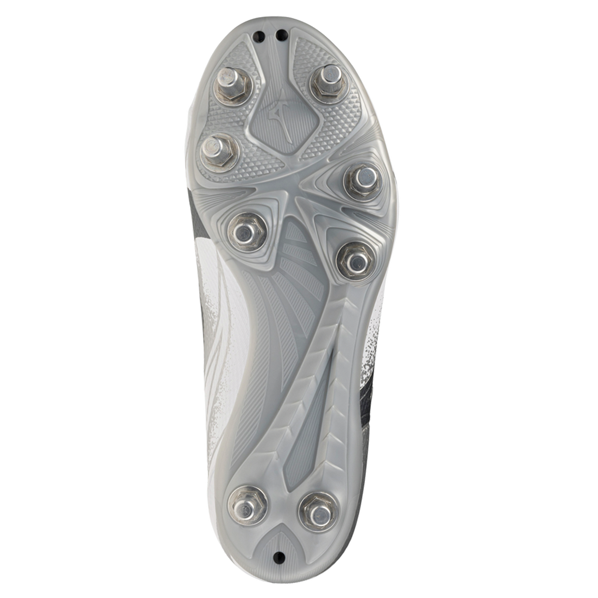 A close-up of the sole of the Mizuno Waitangi Pro SG Wide Fit rugby boot in White/Metalic Gray, showing eight metal studs for traction and textured gray and white patterns.