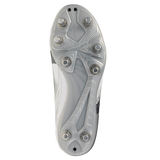 A close-up of the sole of the Mizuno Waitangi Pro SG Wide Fit rugby boot in White/Metalic Gray, showing eight metal studs for traction and textured gray and white patterns.
